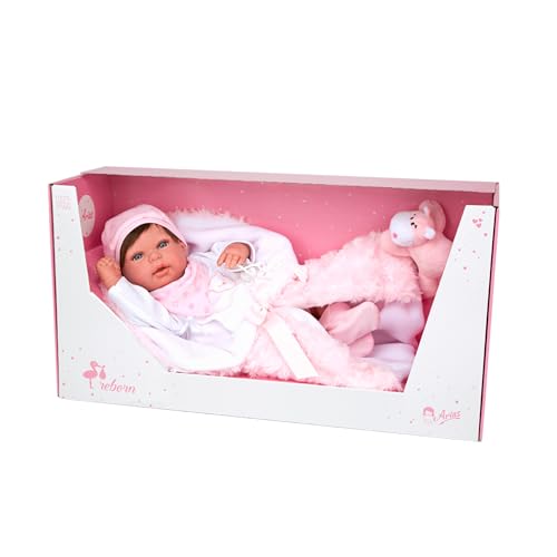 ARIAS Reborn Aina Puppe mit Decke und Pelz, 45 cm, realistisches Baby mit weißem Body und Schnuller, Vinylspitze und weichem Körper, Spielzeug für Jungen und Mädchen ab 3 Jahren (ARI98085) von Arias