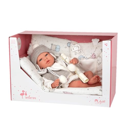 Arias ARI98075 Reborn Vega Puppe 40 cm mit weißer Decke, realistisches Baby mit Grauer Wäsche, Schnuller und Windel, Gliedmaßen aus Vinyl und weichem Körper, Spielzeug für Jungen und Mädchen ab 3 von Arias