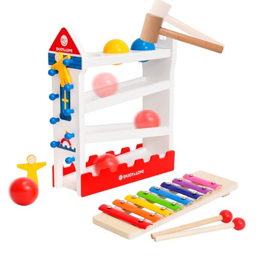 Ark miido Hämmerndes Holzspielzeug für Babys, 3-in-1-Montessori-Holzspielzeug mit Xylophon-Schiebespielzeug Frühes Entwicklungsspielzeug für Kleinkinder 2 3 4 5 6 Jungen Mädchen von Ark miido