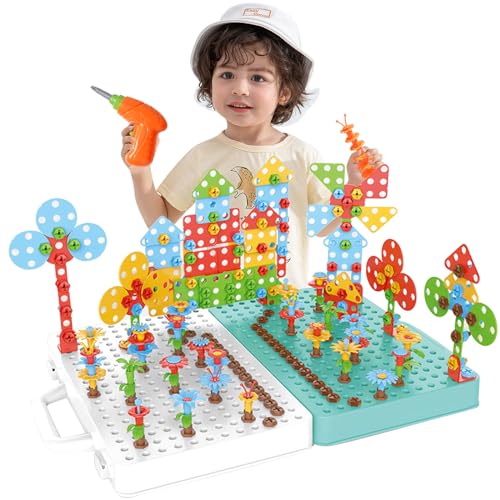 Ark miido Kinder Werkzeugkoffer mit Bohrmaschine Schrauben Steckspiel Montessori Spielzeug Pädagogisch Kreativ 3D Puzzle Mosaik Bausteine Spiele ab 3 4 5 6 Jahre für Jungen Mädchen von Ark miido