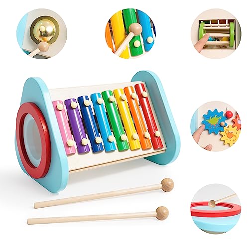 Ark miido Music playset toy Holz Xylophon 5 in 1 Baby Musikinstrument Spielzeug Kinder Trommel Ausrüstung Spiel Spielzeug Kleinkind Spielzeug Geburtstagsgeschenke für Kinder Jungen Mädchen Kleinkinder von Ark miido