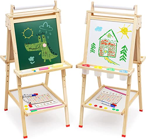 Ark miido Kinder Staffelei mit Papierrolle Höhenverstellbar Standtafel Kinder Tafel Holz Kindertafel mit Zahlen und anderem Zubehör Doppelseitige Maltafel als Geschenk für Jungen und Mädchen (Holz) von Ark miido