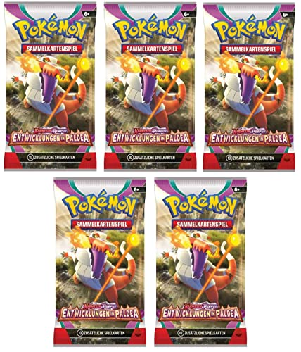 Pokemon 5 Karmesin & Purpur: Entwicklungen in Paldea Booster Sammelkarten | DEUTSCH | Karmesin und Purpur Karten Serie | + Arkero-G 500 Soft Card Sleeves von Arkero-G
