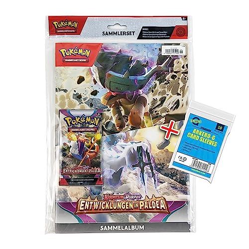 Pokemon Entwicklungen in Paldea Sammlerset/Sammler-Kit Sammelalbum & Booster mit Sammelkarten und coolem Poster | DEUTSCH | + Arkero-G 10 Soft Card Sleeves von Arkero-G