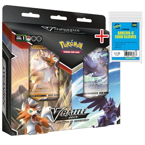 Pokemon V Battle Deck Bundle Lycanroc-V vs. Corviknight-V Sammelkarten | ENGLISCH | spielfertigtes 60 Karten Deck | + Arkero-G 100 Soft Card Sleeves von Arkero-G