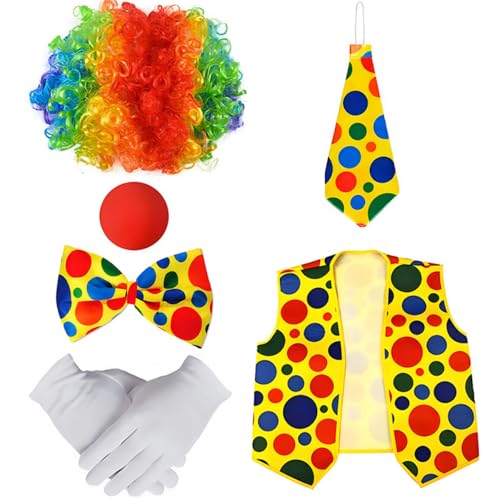 Arkindy 6-teiliges Clown-Kostüm-Set, Regenbogen-Perücke, Clown-Fliege, Weste, weiße Handschuhe, Cosplay-Kostüm, Zubehör für Damen und Herren, Rollenspiele, rot, Einheitsgröße von Arkindy