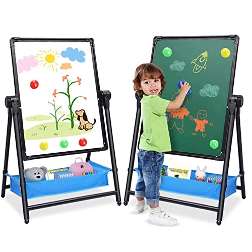 Arkyomi Kinder Tafel Staffelei Metall Kindertafel Doppelseitige Whiteboard Und Kreidetafel Höhenverstellbar Standtafel mit Zubehör(Schwarz 2) von Arkyomi