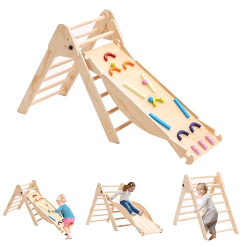 Arkyomi Kinder klettergerüst Indoor/Outdoor kletterdreieck mit rutsche，3in1 Kinder Holz Klettern Indoor Spielplatz ab 1 Jahr，Baby spielgeräte Klettergeräte Mit Wippe von Arkyomi