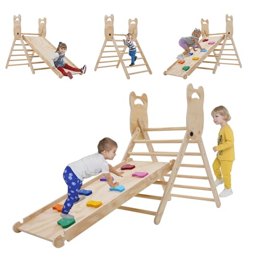 Arkyomi Kinder klettergerüst Indoor/Outdoor kletterdreieck mit rutsche，3in1 Kinder Holz Klettern Indoor Spielplatz ab 1 Jahr，Baby spielgeräte Klettergeräte von Arkyomi