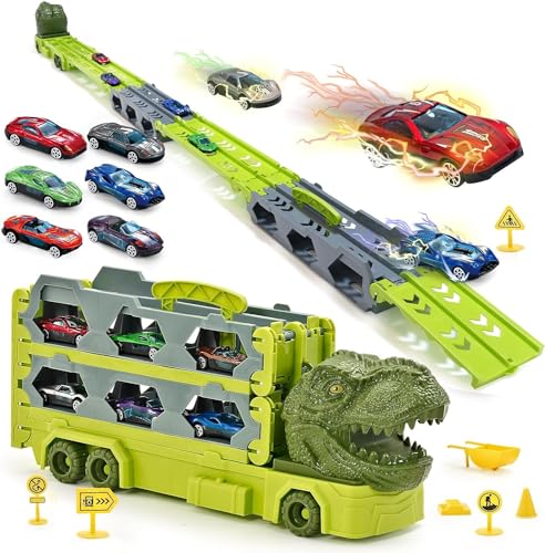 Arkyomi Transport Truck spielzeugauto,LKW Spielzeug mit 6 Mini Cars，Kinder rennbahn 170cm Dinosaurier autotransporter Spielzeug Set ab 3 4 5 6 Jahre Jungen von Arkyomi