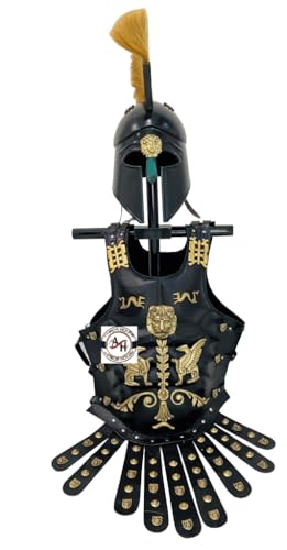 Griechisch-römischer Ledermuskel-Kürass mit korinthischer Helmrüstung mit Federn, Mittelalter-Kostüm, LARP Stahl, griechische Rüstung, Brustpanzer, antikes römisches Kostüm, Spartaner-Helm für von Armor House