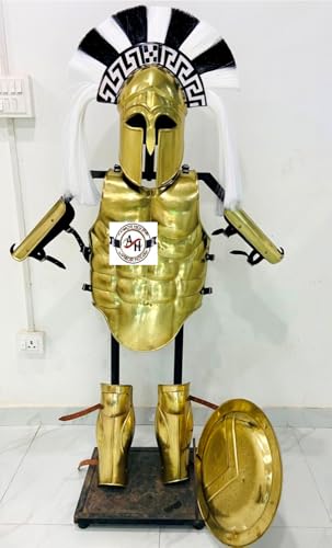 Griechischer Korinthischer Helm Rüstung mit Plume, Mittelalter Kostüm Ritter Muskel Kürass 18GA Stahl Spartan Bein Armschutz König Leonidas Kostüm Krieger Rundschild Halloween Kostüm von Armor House