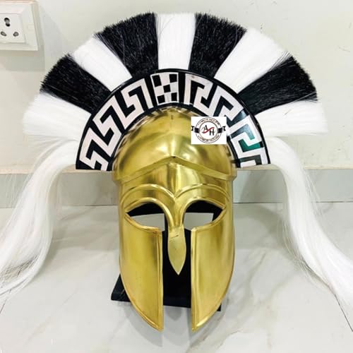 Mittelalterlicher griechischer korinthischer Helmpanzer | Schwarz-Weiß Plume Stahlhelm Replik | Tragbarer Helm mit Innenfutter | Römischer Ritter Spartaner-Helm mit Ständer Halloween LARP Kostüm von Armor House