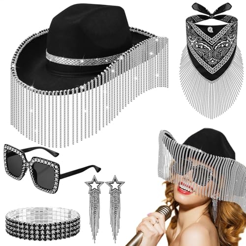 Arroopu Cowgirl-Hut mit Strasssteinen, 5 Stück, Disco-Zubehör für Damen, Cosplay, Halloween, Sonnenbrille, glitzerndes Armband, Quaste, Ohrringe, Bandana-Set von Arroopu