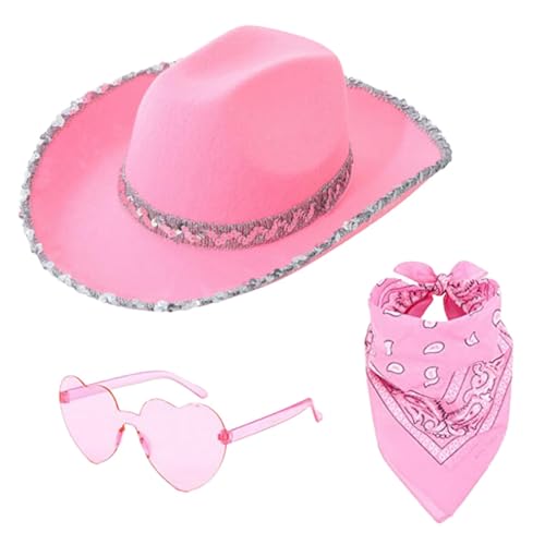 Arroopu Cowboyhut, Kostümzubehör, 3 x Cowboy-Kostüm-Set, breite Krempe, Cowgirl-Hut mit Herz, Brille, Bandana für Junggesellinnenabschied, Partyzubehör für Erwachsene von Arroopu