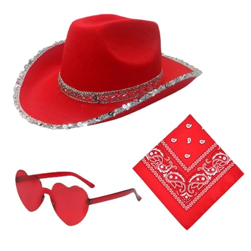 Bling Cowboyhut, Kostümzubehör, 3 x Cowboy-Kostüm-Set, breite Krempe, Cowgirl-Hut mit Herz, Brille, Bandana für Junggesellinnenabschied, Partyzubehör für Erwachsene von Arroopu