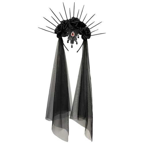 74 × 36,5 cm Halloween Schwarz Spitze Schleier Stirnband - Halloween Schleier Stirnband Schwarze Blume Haarband Gothic Blume Stirnband Gothic Schwarz Spitze Schleier für Brautparty, Cosplay, von Arrovarp