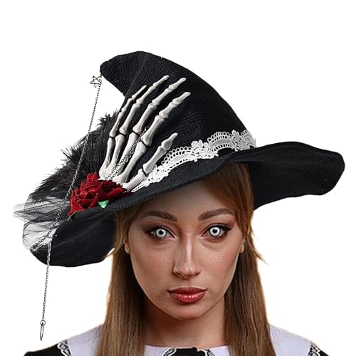 Arrovarp Hexenhut, Hexenhüte für Frauen - Halloween Spitzmütze | Damen-Hexenhüte mit Totenkopf-Handrose für Halloween-Party, Maskerade-Cosplay-Kostüm von Arrovarp