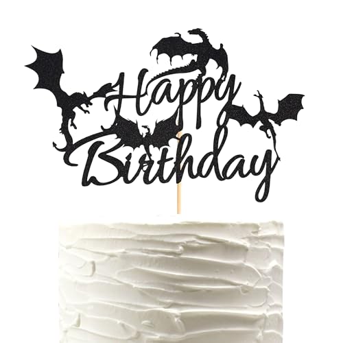 Arthsdite 1 x Drachen-Happy Birthday-Kuchenaufsatz, Drachen-Kuchenaufsatz, Dekoration für Drachen-Thema, Geburtstagsparty, Dekoration, Zubehör, schwarzer Glitzer von Arthsdite