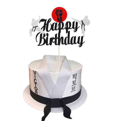 Arthsdite 1 x Karate-Kuchenaufsatz, Taekwondo-Thema, Kung-Fu-Sport-Kuchenaufsatz, Karate, Happy Birthday, Partyzubehör, funkelnde Party-Dekoration von Arthsdite