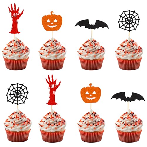 Arthsdite 24 Stück Halloween Cupcake Topper Picks Halloween Party Kuchen Dekorationen Kit mit Fledermaus Blut Hand Spinnennetz für Babyparty Geburtstag Kuchen Dekoration von Arthsdite