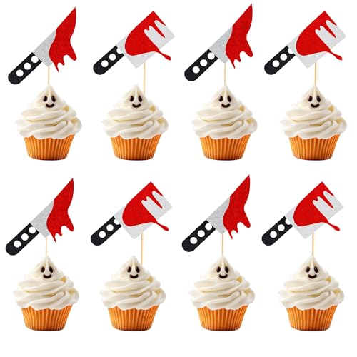 Arthsdite 24 Stück Halloween Cupcake Toppers Glitzer Horror Blutmesser Cupcake Picks Killer Geburtstag Kuchen Dekorationen für Halloween Blutmesser Thema Geburtstag Party Supplies von Arthsdite