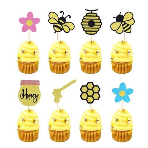 Arthsdite 24 Stück Hummel-Cupcake-Topper, Honigblume, Wabenbiene, Cupcake-Picks, Babyparty, Kuchendekorationen für Bienen-Thema, Babyparty, Kindergeburtstag, Partyzubehör von Arthsdite