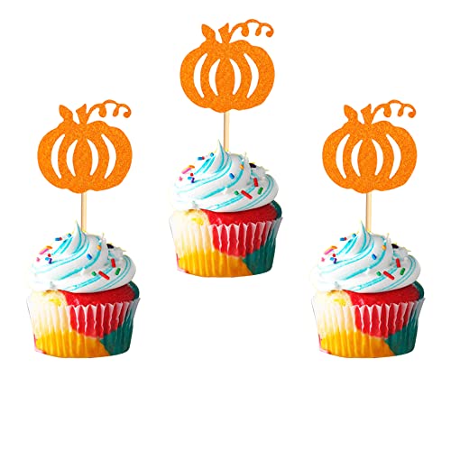 Arthsdite 24 Stück Kürbis-Cupcake-Topper Orange Glitzer Kürbis Cupcake Picks Herbst Thema Thanksgiving Halloween Kürbis Thema Geburtstag Babyparty Party Dekoration Supply von Arthsdite