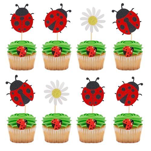 Arthsdite 24 Stück Marienkäfer Cupcake Topper Blumen Insekten Cupcake Picks Garten Thema Baby Shower Kinder Geburtstag Party Kuchen Dekorationen Supplies von Arthsdite