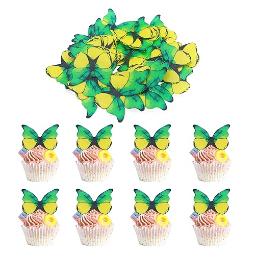 Arthsdite 48 Stück essbare Oblaten Papier Schmetterling Cupcake Topper 3D Kuchen Realistische Schmetterling Dessert Dekoration für Geburtstag Party Hochzeit Essen Dekorationen - Gelb Grün von Arthsdite