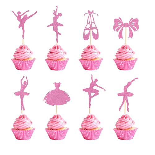 Arthsdite Ballerina-Tutu-Cupcake-Topper, Ballettmädchen, Cupcake-Topper, Ballettschuhe, Cupcake-Picks für Ballerina-Thema, Babyparty, Geburtstagsparty, Kuchendekoration, Zubehör, rosa Glitzer, 24 von Arthsdite