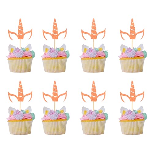 Arthsdite Cupcake-Aufsätze mit Einhorn-Horn, Cupcake-Aufsätze für Einhorn-Thema, Babyparty, Geburtstag, Hochzeit, Verlobung, Party, Kuchendekorationen, Zubehör, Roségold-Glitzer, 24 Stück von Arthsdite