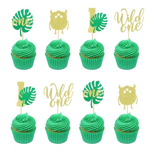 Arthsdite Cupcake-Aufsätze mit Monstera-Blättern, Motiv: Wild One, Palmblätter, Monster, 1. Geburtstag, Kuchendekorationen für Dschungel, Safari, Babyparty, Kindergeburtstag, Partyzubehör, 24 Stück von Arthsdite