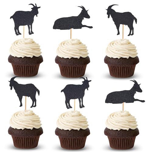 Arthsdite Cupcake-Aufsätze mit Ziegenmotiv, Schaf, Cupcake-Picks, Tier, Ziege, Kuchendekorationen für Babyparty, Kindergeburtstag, Mottoparty, Zubehör, schwarzer Glitzer, 24 Stück von Arthsdite