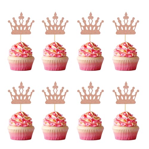 Arthsdite Cupcake-Topper, Prinzessinnenkrone, Cupcake-Topper, Dekoration für Hochzeit, Mädchen, Geburtstag, Babyparty, Party-Dekorationen – Roségold-Glitzer, 24 Stück von Arthsdite