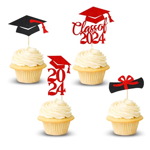 Arthsdite Cupcake-Topper 2024, Abschlussfeier, Klasse 2024, Abschlussfeier, Diplom, Cupcake-Picks, 2024, Abschlussfeier, Party, Kuchendekorationen, Zubehör, roter Glitzer, 24 Stück von Arthsdite