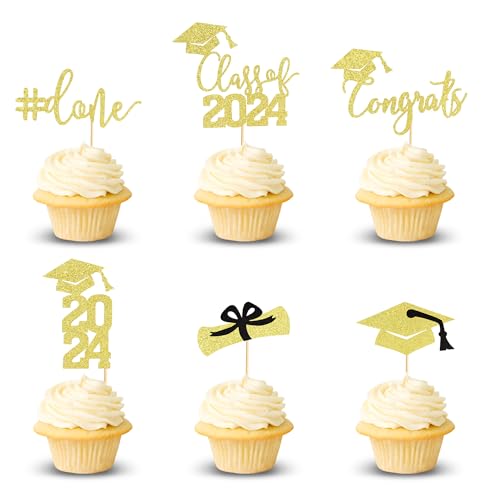 Arthsdite Cupcake-Topper 2024, Abschlussfeier, Klasse 2024, Abschlussfeier, Diplom Done, Congrats Grad, Cupcake-Picks 2024, Abschlussfeier, Party, Kuchendekorationen, Zubehör, Gold-Glitzer, 24 Stück von Arthsdite
