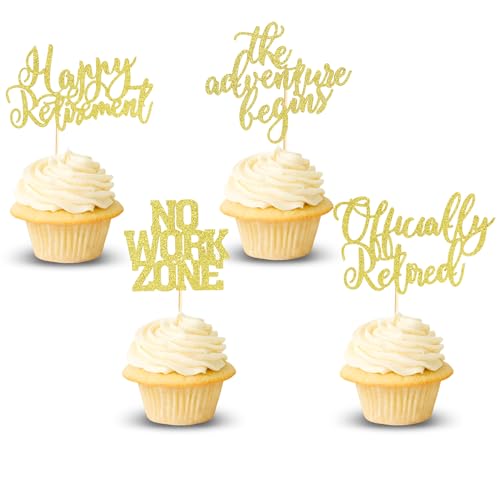 Arthsdite Cupcake-Topper "Happy Retirement", offizielles Retired No Work Zone, Abenteuer beginnt, Cupcake-Pick-Dekorationen, Ruhestand, Abschied, Geburtstag, Party, Kuchendekorationen – Goldglitzer, von Arthsdite