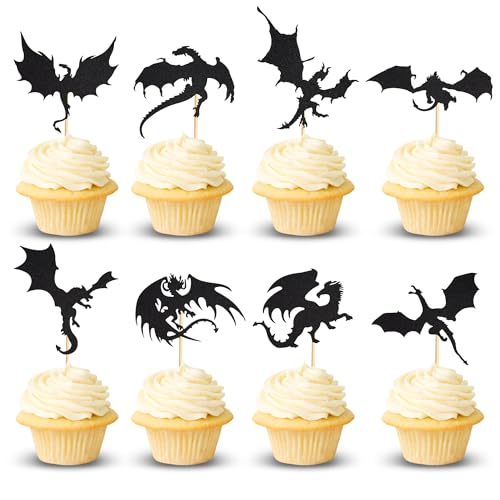 Arthsdite Cupcake-Topper mit Drachen-Motiv, coole Dinosaurier-Cupcake-Topper für Drachen-Motto-Party, Kindergeburtstag, Weihnachten, Fantasie-Mottoparty, Dekoration, Babyparty, schwarzer Glitzer, 24 von Arthsdite