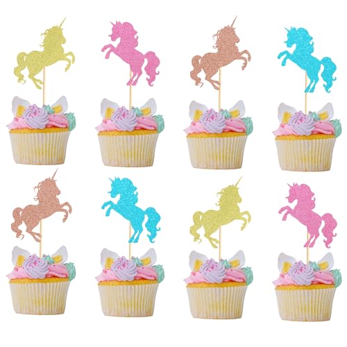 Arthsdite Cupcake-Topper mit Einhorn-Motiv, buntes Einhorn-Pferd, für Babyparty, Hochzeit, Kindergeburtstag, Party, Kuchendekoration, Zubehör, 24 Stück, Glitzer, 4 Farben von Arthsdite