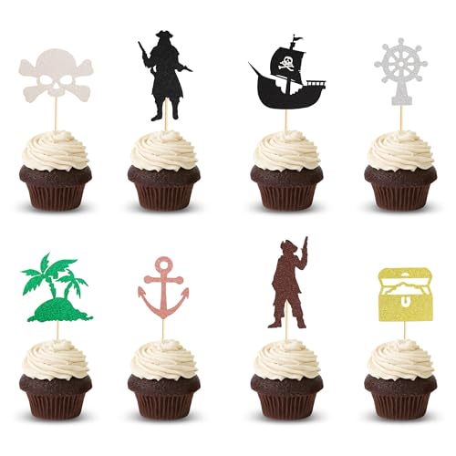 Arthsdite Cupcake-Topper mit Piraten-Motiv, nautische Totenkopfkappe, Cupcake-Picks für Piraten-Thema, Babyparty, Kindergeburtstag, Party, Kuchendekoration, Zubehör, 24 Stück von Arthsdite