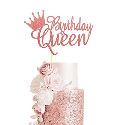 Arthsdite Geburtstagskuchenaufsatz mit der Aufschrift "Queen", "Happy Birthday", Wimpelkette, Party-Dekoration, Zubehör für Damen, Mädchen, Frauen, rotgoldener Glitzer von Arthsdite