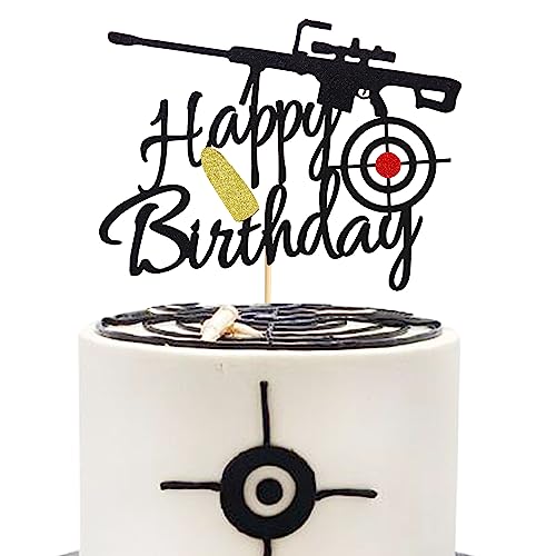 Arthsdite Gun Happy Birthday Cake Topper Bullet Target Birthday Cake Decoration Gun Pistole Shooting Theme Party Birthday Supplies - Black Glitter von Arthsdite