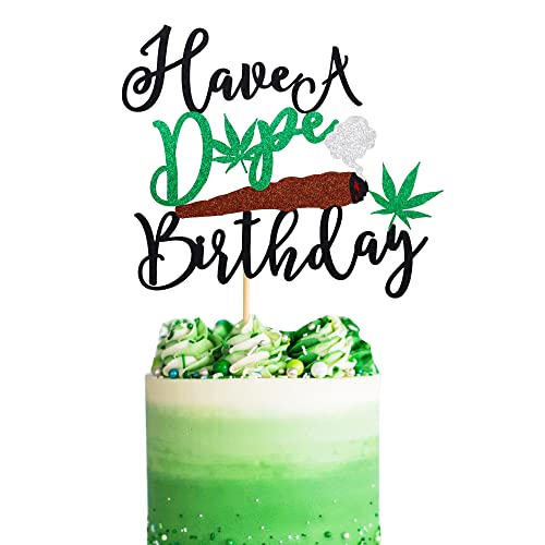 Arthsdite Have a Dope Geburtstagstortenaufsatz Topf Blatt Unkrautblätter Happy Birthday Kuchen Dekoration Marihuana Dope 420 Geburtstag Party Supplies für Mann Frauen - Schwarz Grün Glitzer von Arthsdite