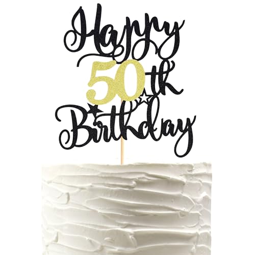 Arthsdite Tortenaufsatz "Happy 50th Birthday", "Cheers to 50 Years", 50 tolle Kuchendekoration für Happy 50th Birthday Jahrestag, Party-Kuchendekorationen – Schwarz / Gold Glitzer von Arthsdite