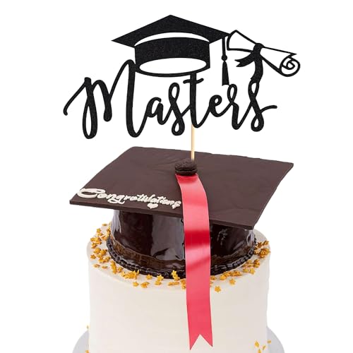 Arthsdite Tortenaufsatz Masters 2024, Abschluss-Kuchenaufsatz, Congrats Grade Kuchendekoration, Masters Graduation Party Dekorationen Supplies – Schwarzer Glitzer von Arthsdite