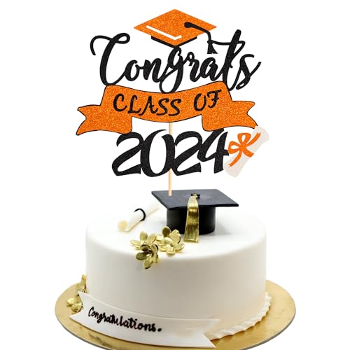 Arthsdite Tortenaufsatz mit Aufschrift "Congrats Class of 5,130.0 cm, Congrats Grade Cap, Diplom-Thema für High School, Happy Graduate, Party, College-Dekoration, orangefarbener Glitzer, 1 Stück von Arthsdite