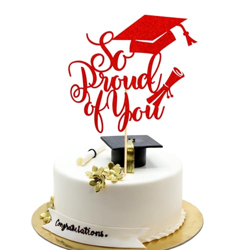 Arthsdite Tortenaufsatz mit Aufschrift "So Proud of You", Aufschrift "Congrats Grade 2024", Abschlussfeier, Kuchendekoration, Abschlussfeier, Party-Dekoration, roter Glitzer, 1 Stück von Arthsdite