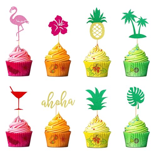 Arthsdite Tropische Cupcake-Topper, Blätter, Ananas, Blume, Palme, Flamingo, Cupcake-Picks, Aloha-Kuchendekorationen für Sommer, Hawaii, Luau-Thema, Babyparty, Geburtstag, Hochzeit, Partyzubehör, 24 von Arthsdite