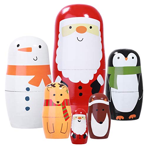 Artibetter 6 Stücke Matroschka Puppen Holz Schneemann Weihnachtsmann Figur Pinguin Matrjoschka Rentier Dekofigur Russische Holzfiguren Tischdeko für Kinder Weihnachten Mitgebsel Spielzeug von Artibetter